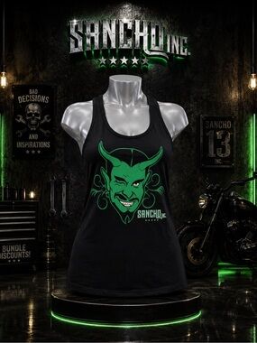 Sancho Inc Black Racerback Tank with Neon Green Logo NWOT💎